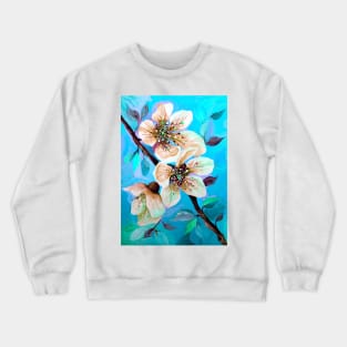 Japanese Sakura Cherry Tree Flowers in Aqua Blue Crewneck Sweatshirt